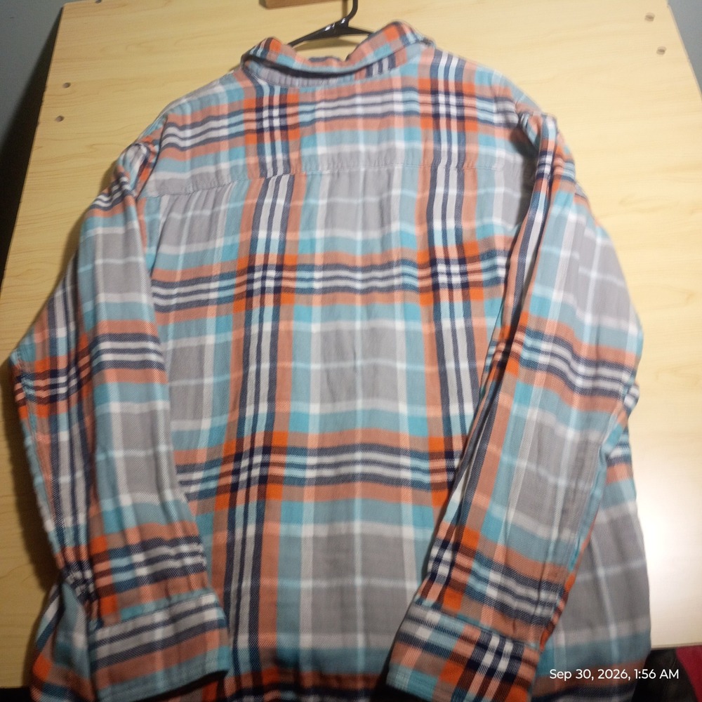 American Eagle Flannel Shirt Men L Grey Orange Blue Plaid Vintage Long Sleeve